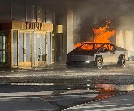 Cybertruck exploding in front of Trump hotel Blank Meme Template