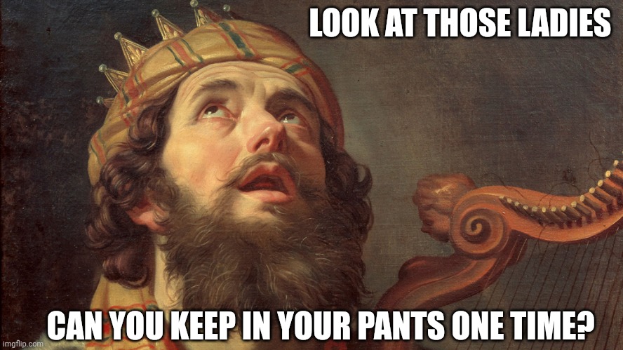 King David Psalms | CAN YOU KEEP IN YOUR PANTS ONE TIME? LOOK AT THOSE LADIES | image tagged in king david psalms | made w/ Imgflip meme maker