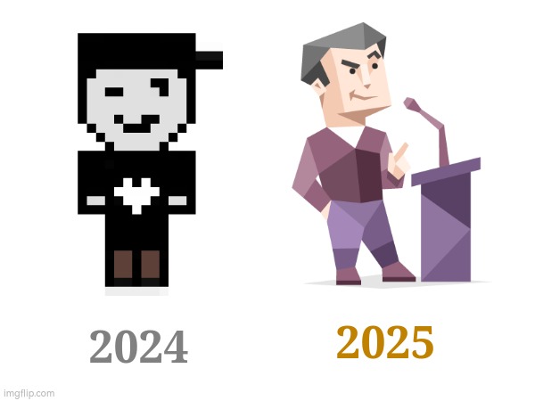 Character evolution | 2025; 2024 | image tagged in memes,funny,demotivationals,pie charts,bar charts,gifs | made w/ Imgflip meme maker