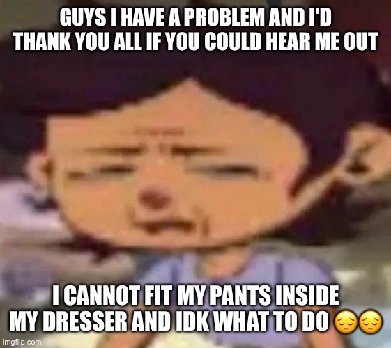 its a struggle fr | GUYS I HAVE A PROBLEM AND I'D THANK YOU ALL IF YOU COULD HEAR ME OUT; I CANNOT FIT MY PANTS INSIDE MY DRESSER AND IDK WHAT TO DO 😔😔 | image tagged in luz distressed | made w/ Imgflip meme maker