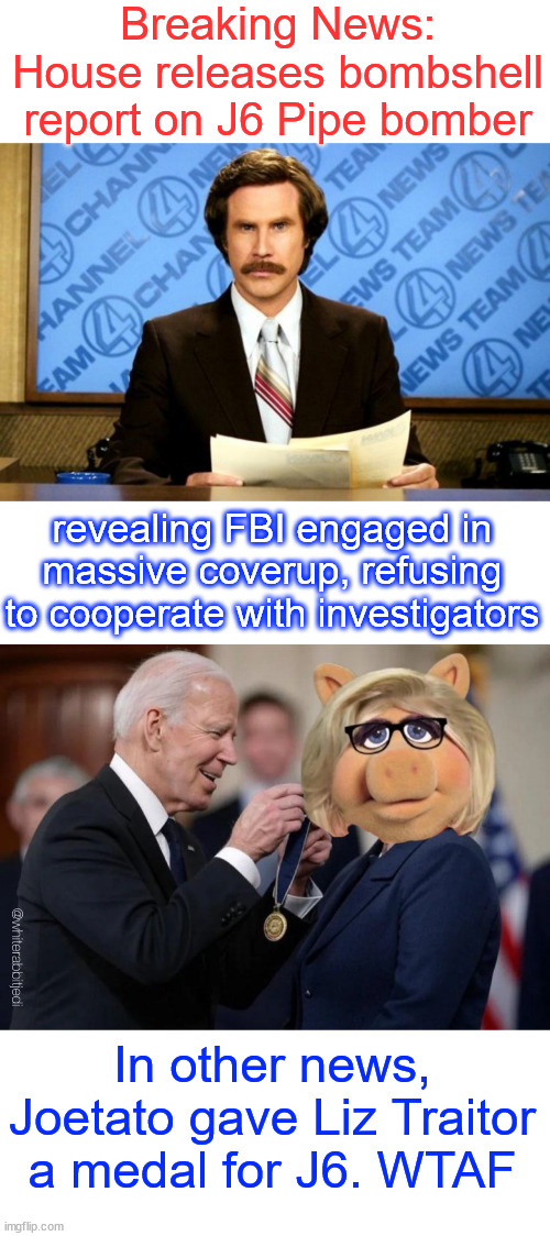 In today's news... | Breaking News: House releases bombshell report on J6 Pipe bomber; revealing FBI engaged in massive coverup, refusing to cooperate with investigators; In other news, Joetato gave Liz Traitor a medal for J6. WTAF | image tagged in this just in,fbi covered up fedsurrection,biden awards treason | made w/ Imgflip meme maker