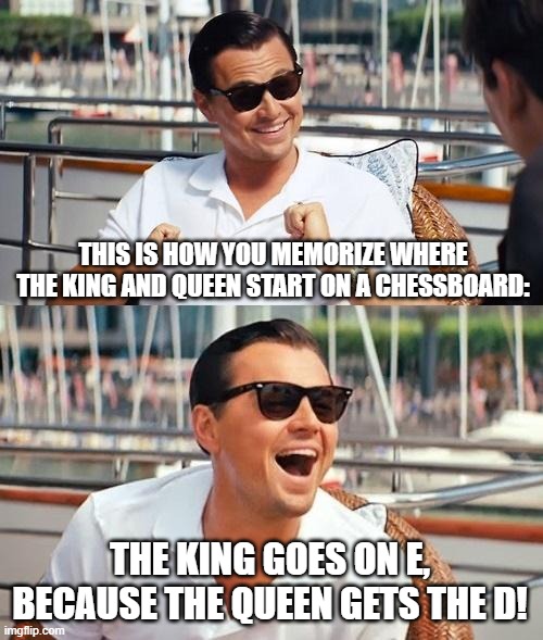 I have actually told people this before, and they've started using it as well | THIS IS HOW YOU MEMORIZE WHERE THE KING AND QUEEN START ON A CHESSBOARD:; THE KING GOES ON E, BECAUSE THE QUEEN GETS THE D! | image tagged in memes,funny,leonardo dicaprio wolf of wall street,chess,dirty joke | made w/ Imgflip meme maker