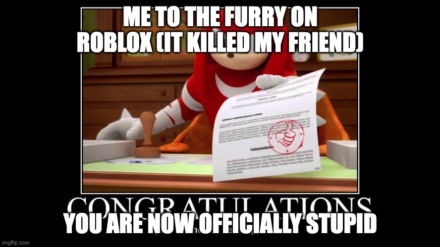 Meme approved Knuckles | ME TO THE FURRY ON ROBLOX (IT KILLED MY FRIEND); YOU ARE NOW OFFICIALLY STUPID | made w/ Imgflip meme maker