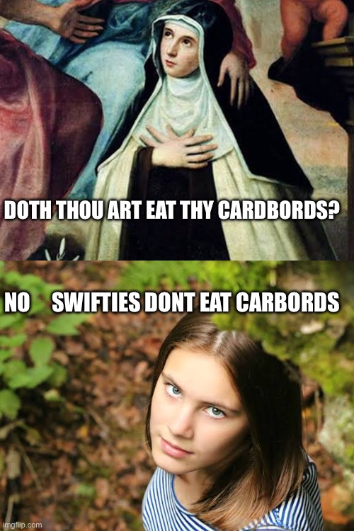 Swifties don’t eat carboard | DOTH THOU ART EAT THY CARDBORDS? NO     SWIFTIES DONT EAT CARBORDS | image tagged in taylor swift,cardboard,mary,old english,taylor swiftie,taylor | made w/ Imgflip meme maker