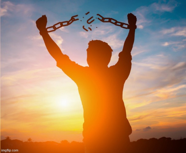 Man breaking free from chains over the sunset | image tagged in man breaking free from chains over the sunset | made w/ Imgflip meme maker