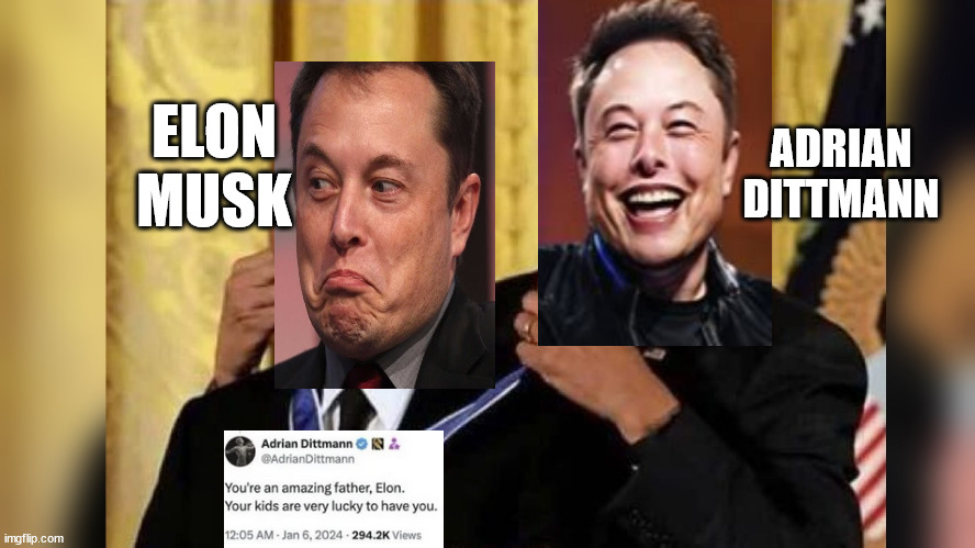 Elon gives Elon a Medal | ELON MUSK; ADRIAN DITTMANN | image tagged in obama medal,elon musk,adrian dittmann,twitter,xitter,alt accounts | made w/ Imgflip meme maker