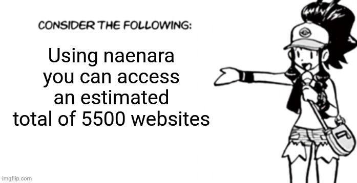 Not a lot | Using naenara you can access an estimated total of 5500 websites | image tagged in consider the following pokespe | made w/ Imgflip meme maker