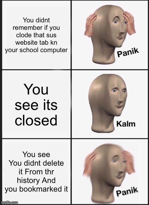 Computer chaos | You didnt remember if you clode that sus website tab kn your school computer; You see its closed; You see You didnt delete it From thr history And you bookmarked it | image tagged in memes,panik kalm panik | made w/ Imgflip meme maker