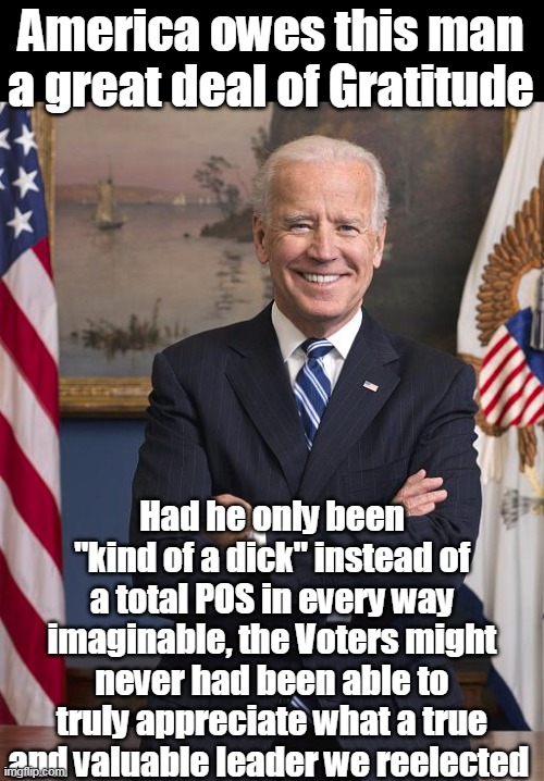 Great place holder between terms | America owes this man a great deal of Gratitude; Had he only been "kind of a dick" instead of a total POS in every way imaginable, the Voters might never had been able to truly appreciate what a true and valuable leader we reelected | image tagged in biden gratitude meme | made w/ Imgflip meme maker