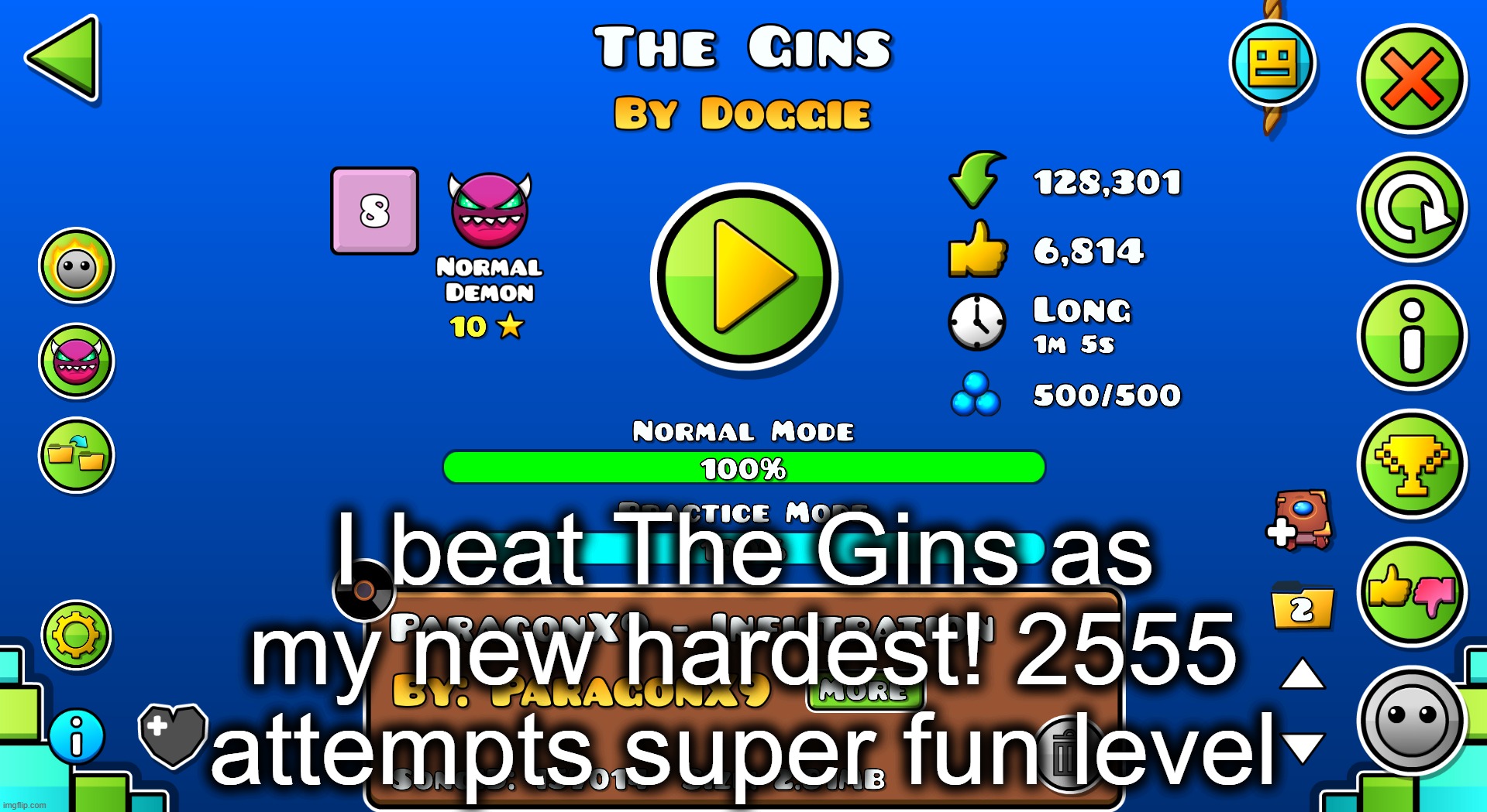 I beat The Gins as my new hardest! 2555 attempts super fun level | made w/ Imgflip meme maker