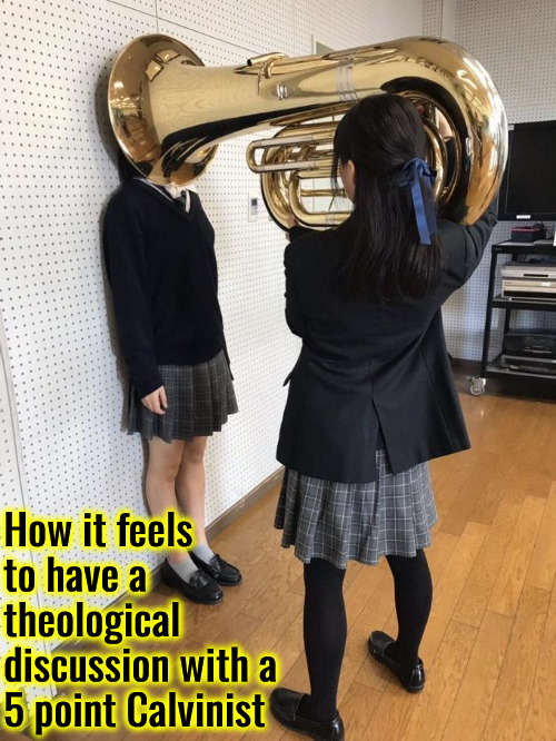 Theological Discussion | How it feels to have a theological discussion with a 5 point Calvinist | image tagged in girl putting tuba on girl's head,calvinism,arminian,molinism,how it feels,suffocated mocked and belittled | made w/ Imgflip meme maker
