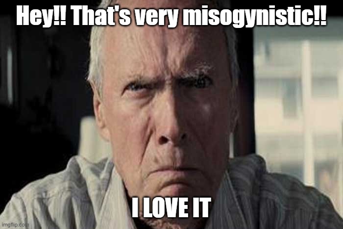 clint eastwood scowl | Hey!! That's very misogynistic!! I LOVE IT | image tagged in clint eastwood scowl | made w/ Imgflip meme maker