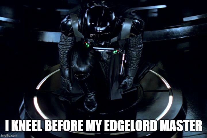 Darth Vader Kneeling | I KNEEL BEFORE MY EDGELORD MASTER | image tagged in darth vader kneeling | made w/ Imgflip meme maker