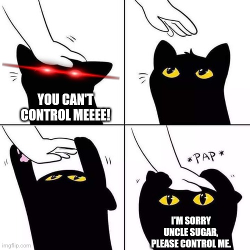 Cat wanting head pats | YOU CAN'T CONTROL MEEEE! I'M SORRY UNCLE SUGAR,
PLEASE CONTROL ME. | image tagged in cat wanting head pats | made w/ Imgflip meme maker