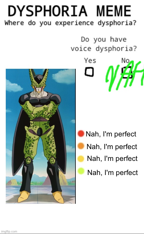 Dysphoria temp | Nah, I'm perfect; Nah, I'm perfect; Nah, I'm perfect; Nah, I'm perfect | image tagged in dysphoria temp | made w/ Imgflip meme maker