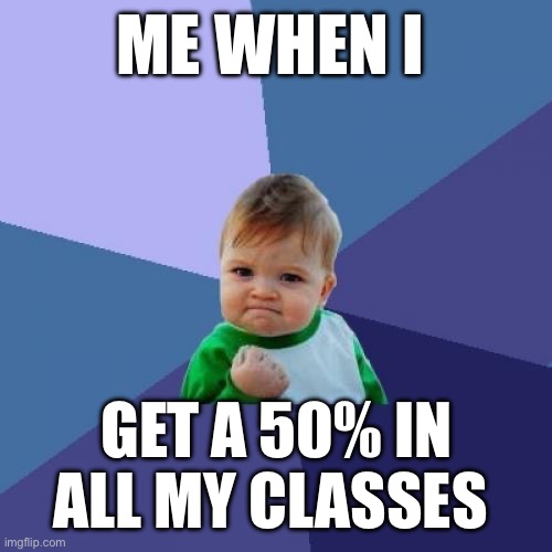 Success Kid Meme | ME WHEN I; GET A 50% IN ALL MY CLASSES | image tagged in memes,success kid | made w/ Imgflip meme maker