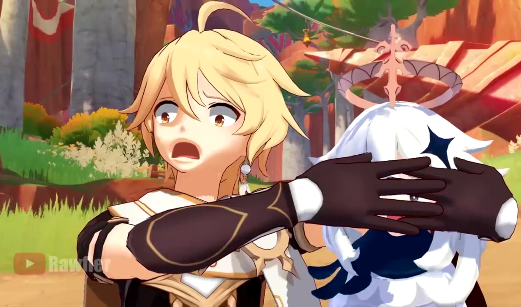 Aether cover Paimon's eyes, while he's shocked Blank Meme Template