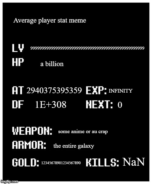 What's up with y'all and overpowered stats? | Average player stat meme; 99999999999999999999999999999999999999999999999999; a billion; 2940375395359; INFINITY; 1E+308; 0; some anime or au crap; the entire galaxy; NaN; 12345678901234567890 | image tagged in undertale player stats | made w/ Imgflip meme maker