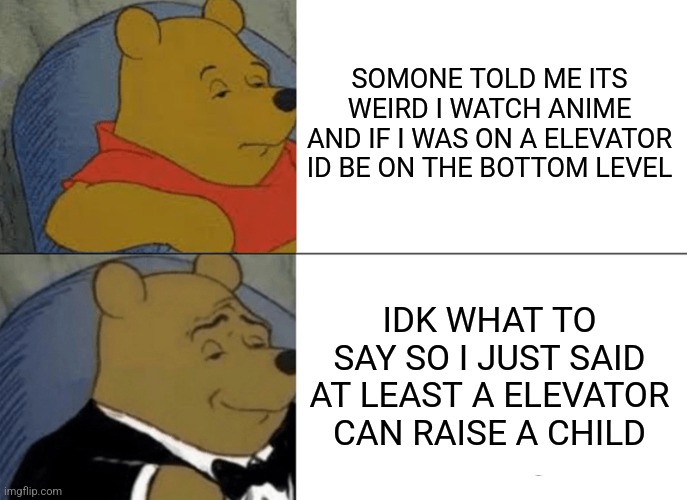 DONT JUDGE ME IM NOT THAT GOOD AT WORD FIGHTS | SOMONE TOLD ME ITS WEIRD I WATCH ANIME AND IF I WAS ON A ELEVATOR ID BE ON THE BOTTOM LEVEL; IDK WHAT TO SAY SO I JUST SAID AT LEAST A ELEVATOR CAN RAISE A CHILD | image tagged in memes,tuxedo winnie the pooh | made w/ Imgflip meme maker