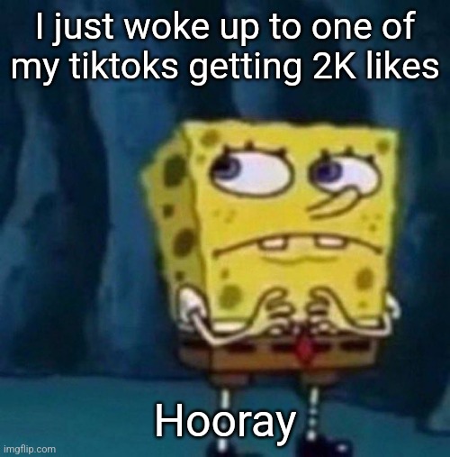 spoongeboob | I just woke up to one of my tiktoks getting 2K likes; Hooray | image tagged in spoongeboob | made w/ Imgflip meme maker