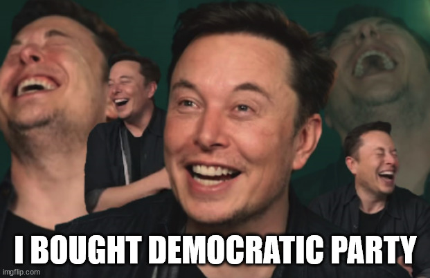 I BOUGHT DEMOCRATIC PARTY | image tagged in elon musk laughing | made w/ Imgflip meme maker