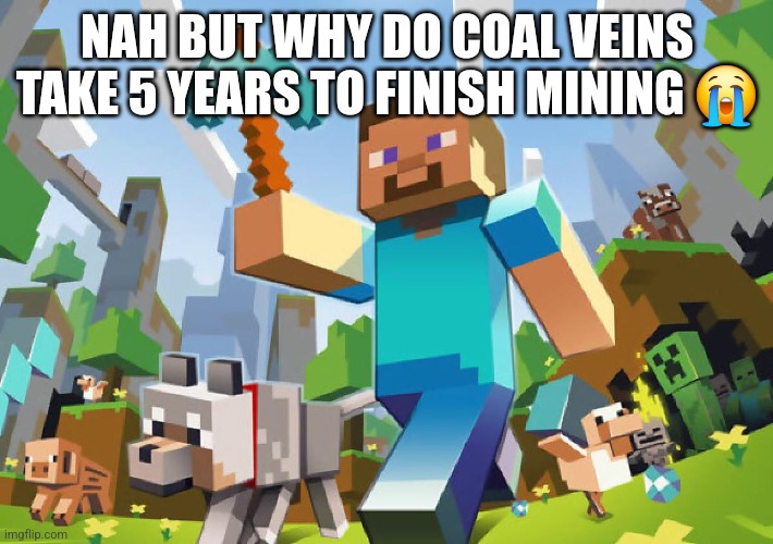 IT NEVER ENDS | NAH BUT WHY DO COAL VEINS TAKE 5 YEARS TO FINISH MINING 😭 | image tagged in minecraft | made w/ Imgflip meme maker