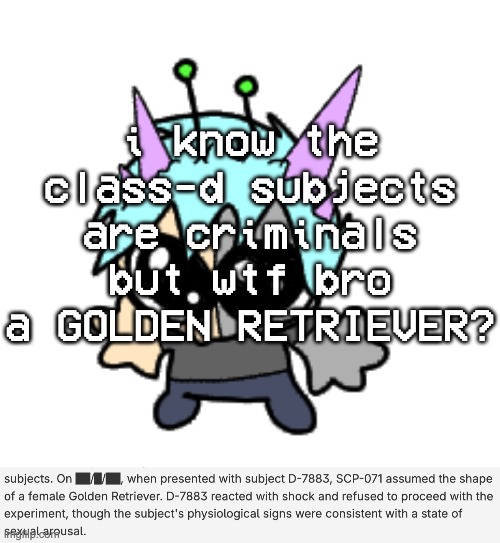 we dont even mention 8762 and 8765 bro | i know the class-d subjects are criminals but wtf bro a GOLDEN RETRIEVER? | image tagged in adrenaline shot but hes a silly goober | made w/ Imgflip meme maker