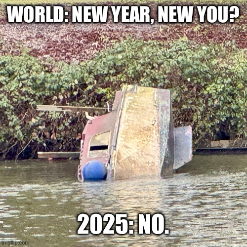 Re-fail Boat | WORLD: NEW YEAR, NEW YOU? 2025: NO. | image tagged in re-fail boat | made w/ Imgflip meme maker