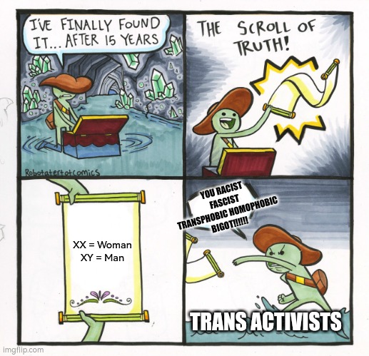 Its that simple | YOU RACIST FASCIST TRANSPHOBIC HOMOPHOBIC BIGOT!!!!!! XX = Woman
XY = Man; TRANS ACTIVISTS | image tagged in memes,the scroll of truth,trans,woke | made w/ Imgflip meme maker