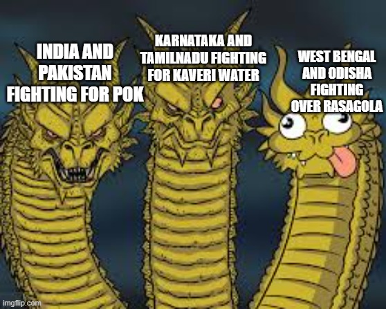 lol | KARNATAKA AND TAMILNADU FIGHTING FOR KAVERI WATER; INDIA AND PAKISTAN FIGHTING FOR POK; WEST BENGAL AND ODISHA FIGHTING OVER RASAGOLA | image tagged in dumb dragon | made w/ Imgflip meme maker