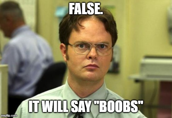 Dwight Schrute Meme | FALSE. IT WILL SAY "BOOBS" | image tagged in memes,dwight schrute | made w/ Imgflip meme maker