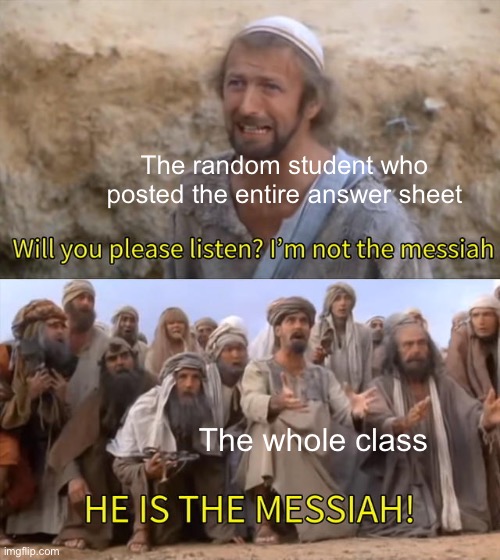 I''m not the messiah | The random student who posted the entire answer sheet; The whole class | image tagged in i''m not the messiah,school,homework | made w/ Imgflip meme maker