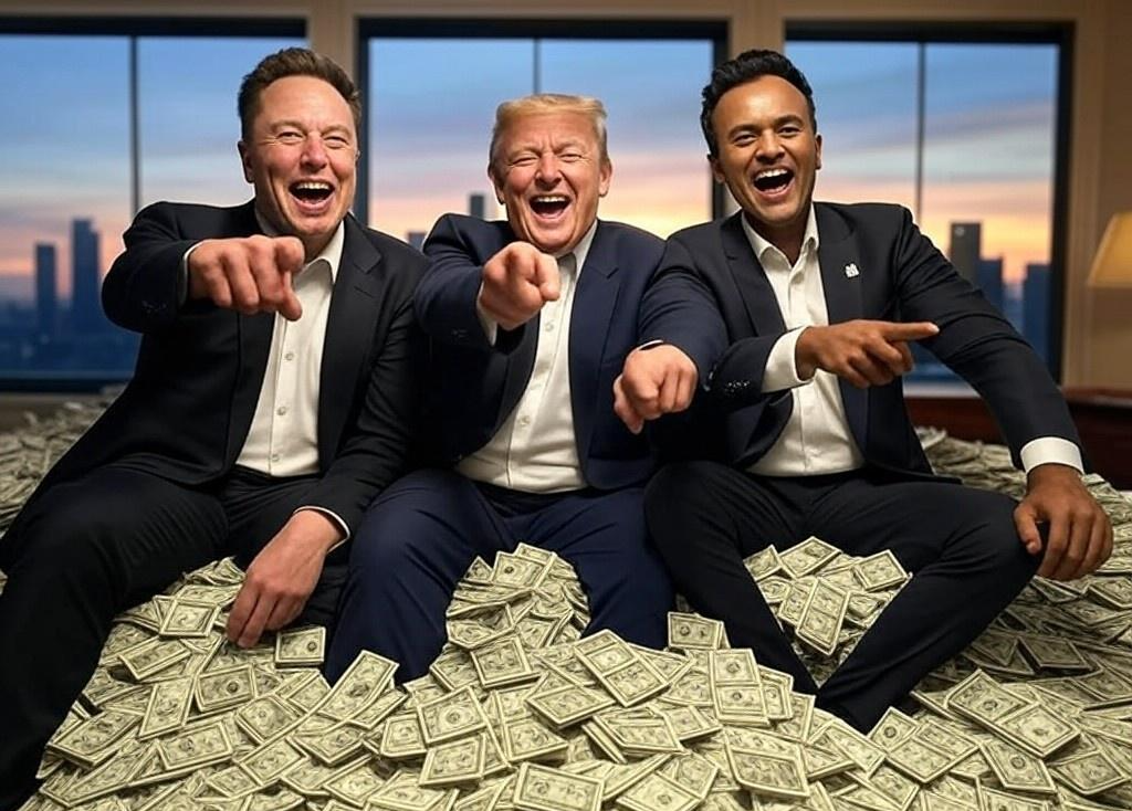 Donald Trump, Elon Musk, Vivek Ramaswamy pile of money oligarchy Blank Meme Template