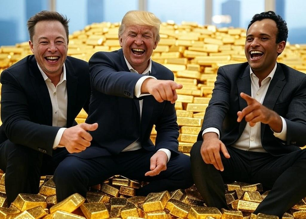 Donald Trump, Elon Musk, Vivek Ramaswamy pile of gold oligarchy Blank Meme Template