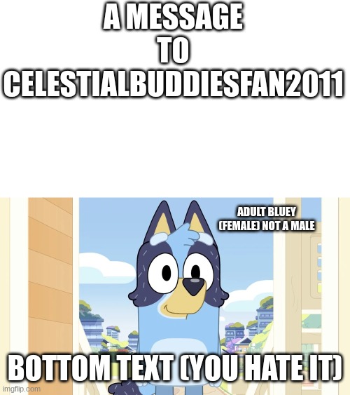 Note: that's a real image and not some fan-edit or speculation. Thank you. | A MESSAGE TO CELESTIALBUDDIESFAN2011; ADULT BLUEY (FEMALE) NOT A MALE; BOTTOM TEXT (YOU HATE IT) | image tagged in adult bluey,bluey | made w/ Imgflip meme maker