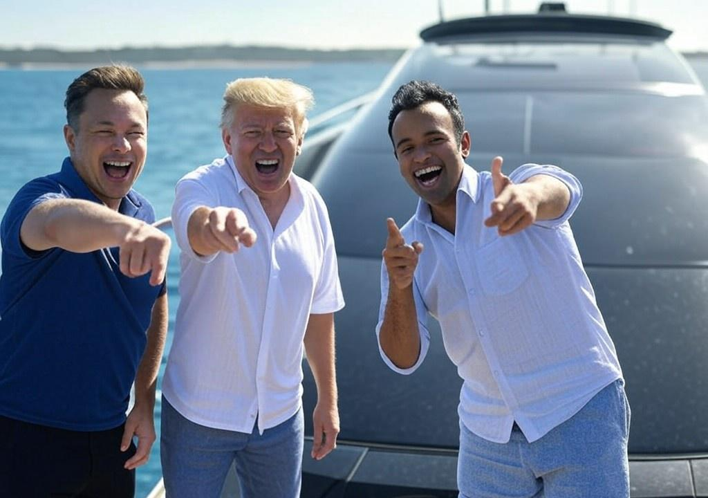 Donald Trump, Elon Musk, Vivek Ramaswamy laughing oligarchy Blank Meme Template