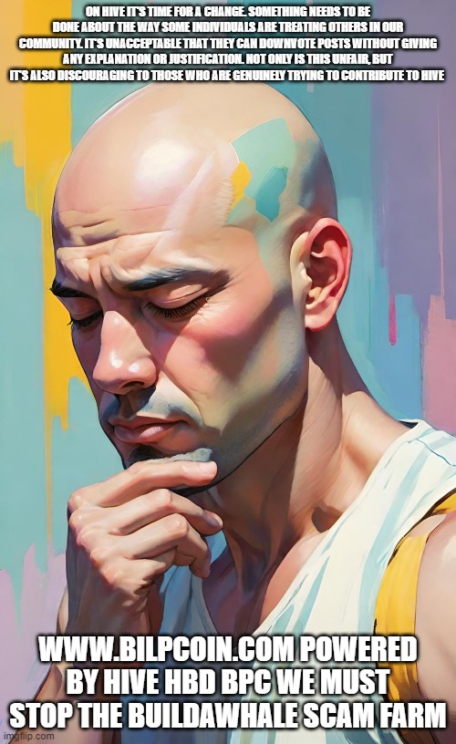 ON HIVE IT'S TIME FOR A CHANGE. SOMETHING NEEDS TO BE DONE ABOUT THE WAY SOME INDIVIDUALS ARE TREATING OTHERS IN OUR COMMUNITY. IT'S UNACCEPTABLE THAT THEY CAN DOWNVOTE POSTS WITHOUT GIVING ANY EXPLANATION OR JUSTIFICATION. NOT ONLY IS THIS UNFAIR, BUT IT'S ALSO DISCOURAGING TO THOSE WHO ARE GENUINELY TRYING TO CONTRIBUTE TO HIVE; WWW.BILPCOIN.COM POWERED BY HIVE HBD BPC WE MUST STOP THE BUILDAWHALE SCAM FARM | made w/ Imgflip meme maker