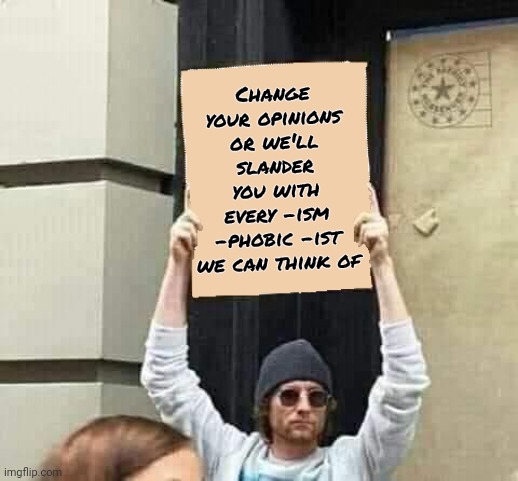 Why aren't Liberals liberal ? | Change your opinions or we'll slander you with every -ism -phobic -ist we can think of | image tagged in protest,liberal,i don't think it means what you think it means,democratic,well yes but actually no | made w/ Imgflip meme maker