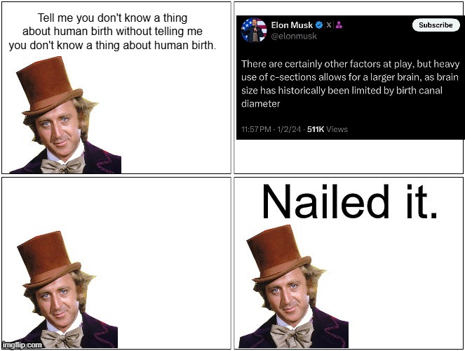 Nailed It Wonka | Tell me you don't know a thing about human birth without telling me you don't know a thing about human birth. | image tagged in nailed it wonka | made w/ Imgflip meme maker