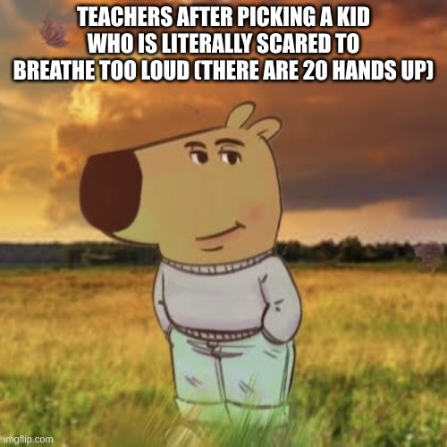 bruh wtf why | TEACHERS AFTER PICKING A KID WHO IS LITERALLY SCARED TO BREATHE TOO LOUD (THERE ARE 20 HANDS UP) | image tagged in chill guy | made w/ Imgflip meme maker