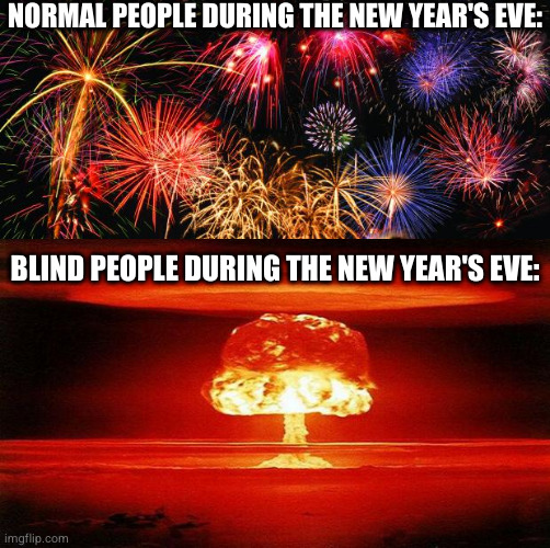 New Year's Eve in a Nutshell | NORMAL PEOPLE DURING THE NEW YEAR'S EVE:; BLIND PEOPLE DURING THE NEW YEAR'S EVE: | image tagged in fireworks,happy new year,funny,fun | made w/ Imgflip meme maker