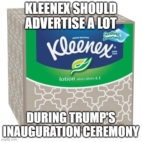 Kleenex | KLEENEX SHOULD ADVERTISE A LOT DURING TRUMP'S INAUGURATION CEREMONY | image tagged in kleenex | made w/ Imgflip meme maker