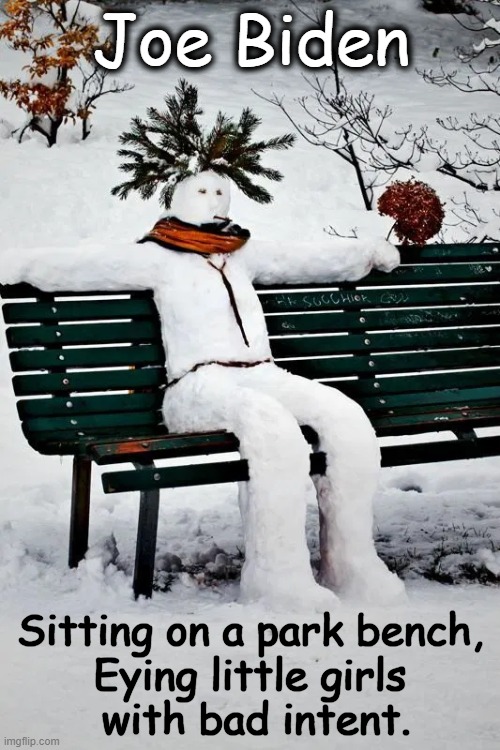 Drying in the cold sun, watching as the frilly panties run | Joe Biden; Sitting on a park bench, 
 Eying little girls 
 with bad intent. | image tagged in snowman,joe biden,political humor,funny because it's true,park bench snowman,aqualung | made w/ Imgflip meme maker