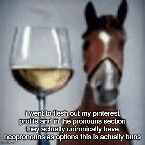 wine horse | i went to flesh out my pinterest profile and in the pronouns section they actually unironically have neopronouns as options this is actually buns | image tagged in wine horse | made w/ Imgflip meme maker