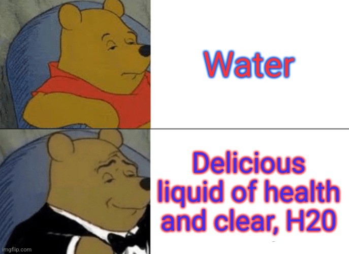 Tuxedo Winnie The Pooh | Water; Delicious liquid of health and clear, H20 | image tagged in memes,water,american,british,american_vs_british | made w/ Imgflip meme maker