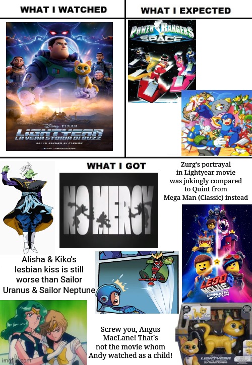 What I Watched/ What I Expected/ What I Got | Zurg's portrayal in Lightyear movie was jokingly compared to Quint from Mega Man (Classic) instead; Alisha & Kiko's lesbian kiss is still worse than Sailor Uranus & Sailor Neptune; Screw you, Angus MacLane! That's not the movie whom Andy watched as a child! | image tagged in what i watched/ what i expected/ what i got,lightyear,sailor moon,megaman,toy story | made w/ Imgflip meme maker