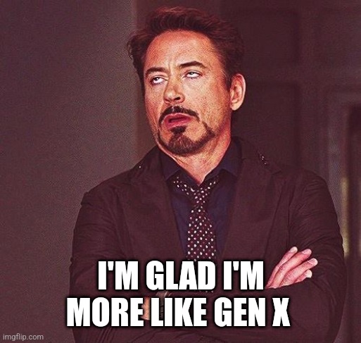 Robert Downey Jr Annoyed | I'M GLAD I'M MORE LIKE GEN X | image tagged in robert downey jr annoyed | made w/ Imgflip meme maker