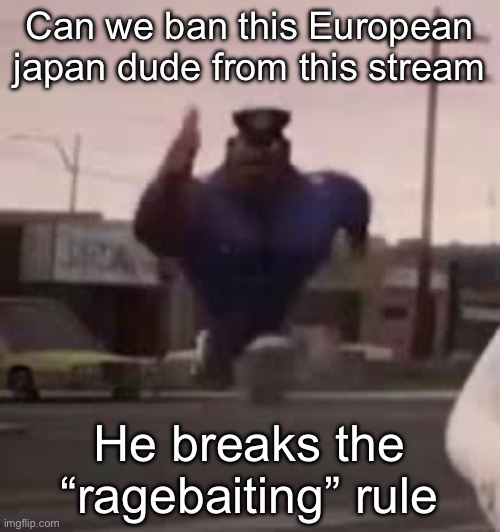 And for spam too | Can we ban this European japan dude from this stream; He breaks the “ragebaiting” rule | image tagged in officer aerl | made w/ Imgflip meme maker