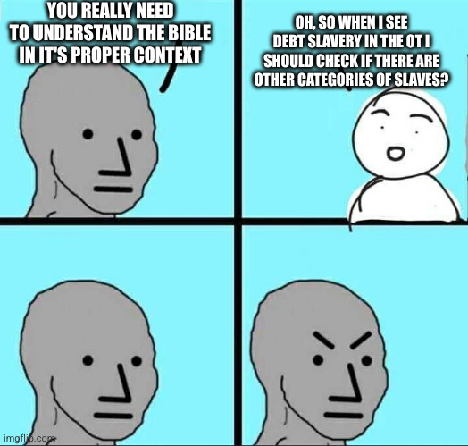 Biblical context | YOU REALLY NEED TO UNDERSTAND THE BIBLE IN IT'S PROPER CONTEXT; OH, SO WHEN I SEE DEBT SLAVERY IN THE OT I SHOULD CHECK IF THERE ARE OTHER CATEGORIES OF SLAVES? | image tagged in bible,slavery,christian apologetics,religion | made w/ Imgflip meme maker