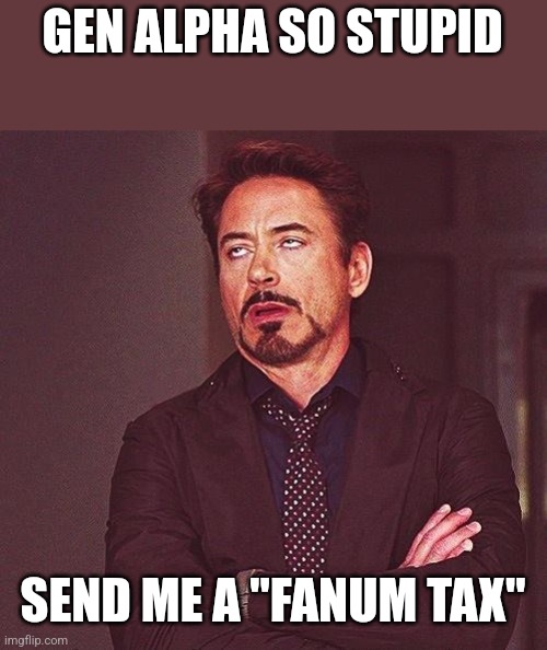 Robert Downey Jr Annoyed | GEN ALPHA SO STUPID SEND ME A "FANUM TAX" | image tagged in robert downey jr annoyed | made w/ Imgflip meme maker